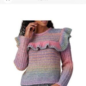 LoveShackFancy Yumi Sweater Rainbow Ruffle Women's Size S Alpaca Merino Wool